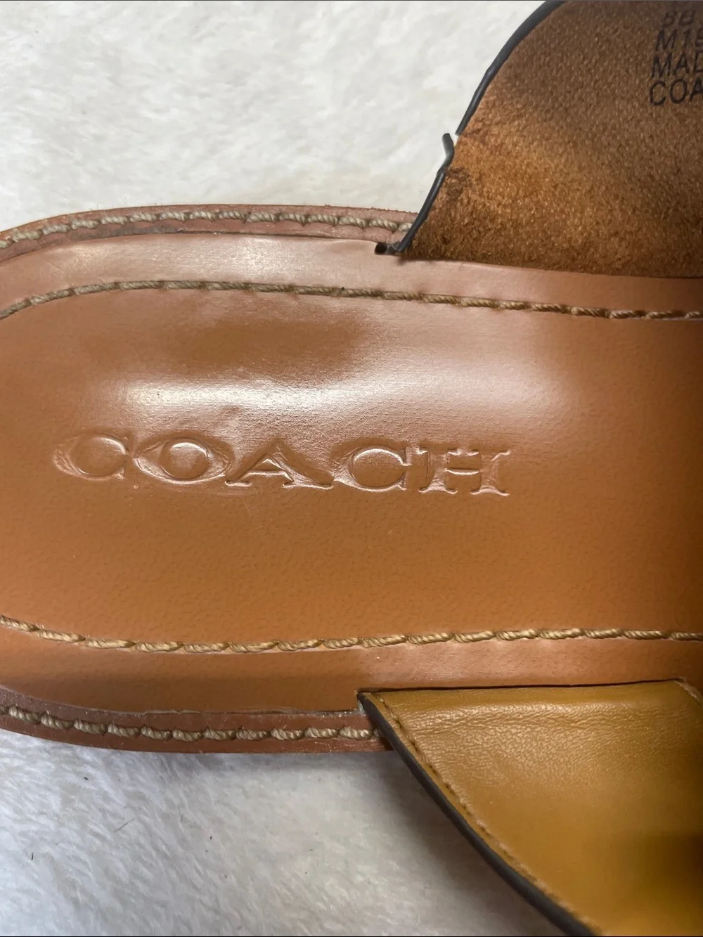 Coach Tan Leather Slide Sandals with Brass Ring Buckle